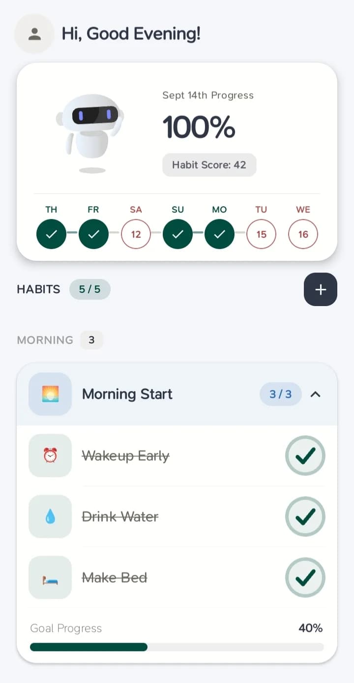 Habit First daily dashboard showing 100% completion, an Intelligent Habit Score of 42, and a completed morning routine