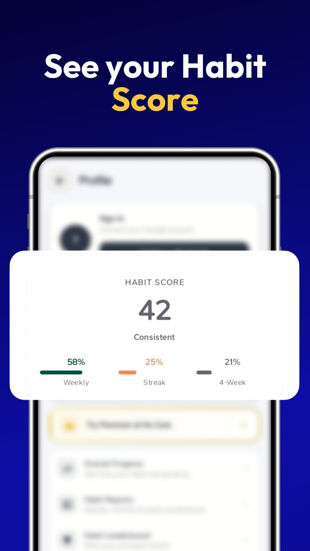 Habit First Intelligent Habit Score with weekly, streak, and four-week progress