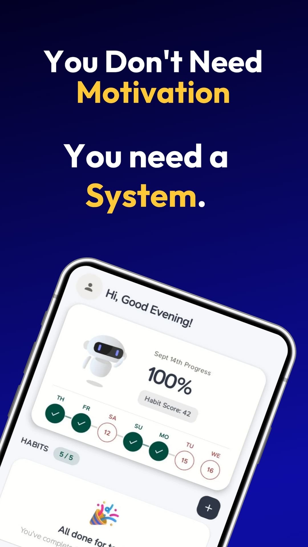 Habit First app preview showing daily completion, an Intelligent Habit Score, and habit check-ins