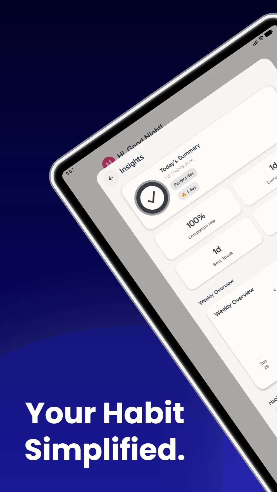 Habit First Insights screen with completion rate, best streak, and weekly overview