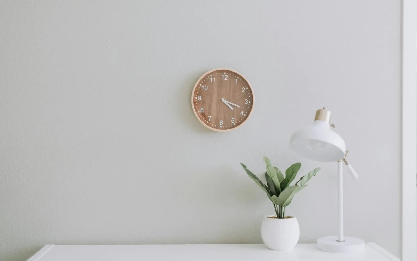 An uncluttered desk with a lamp and a small green plant