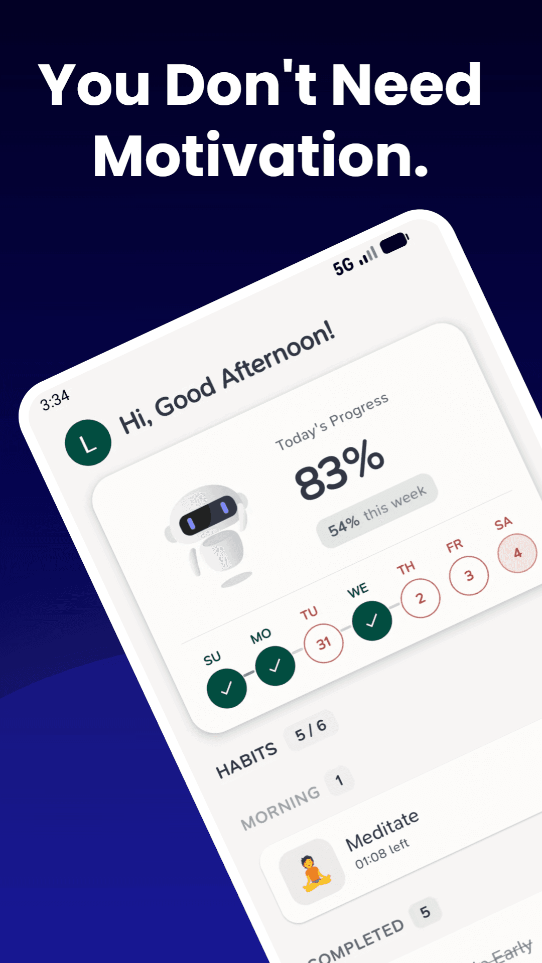 HabitFirst dashboard showing 83% daily progress with weekly calendar and habit list