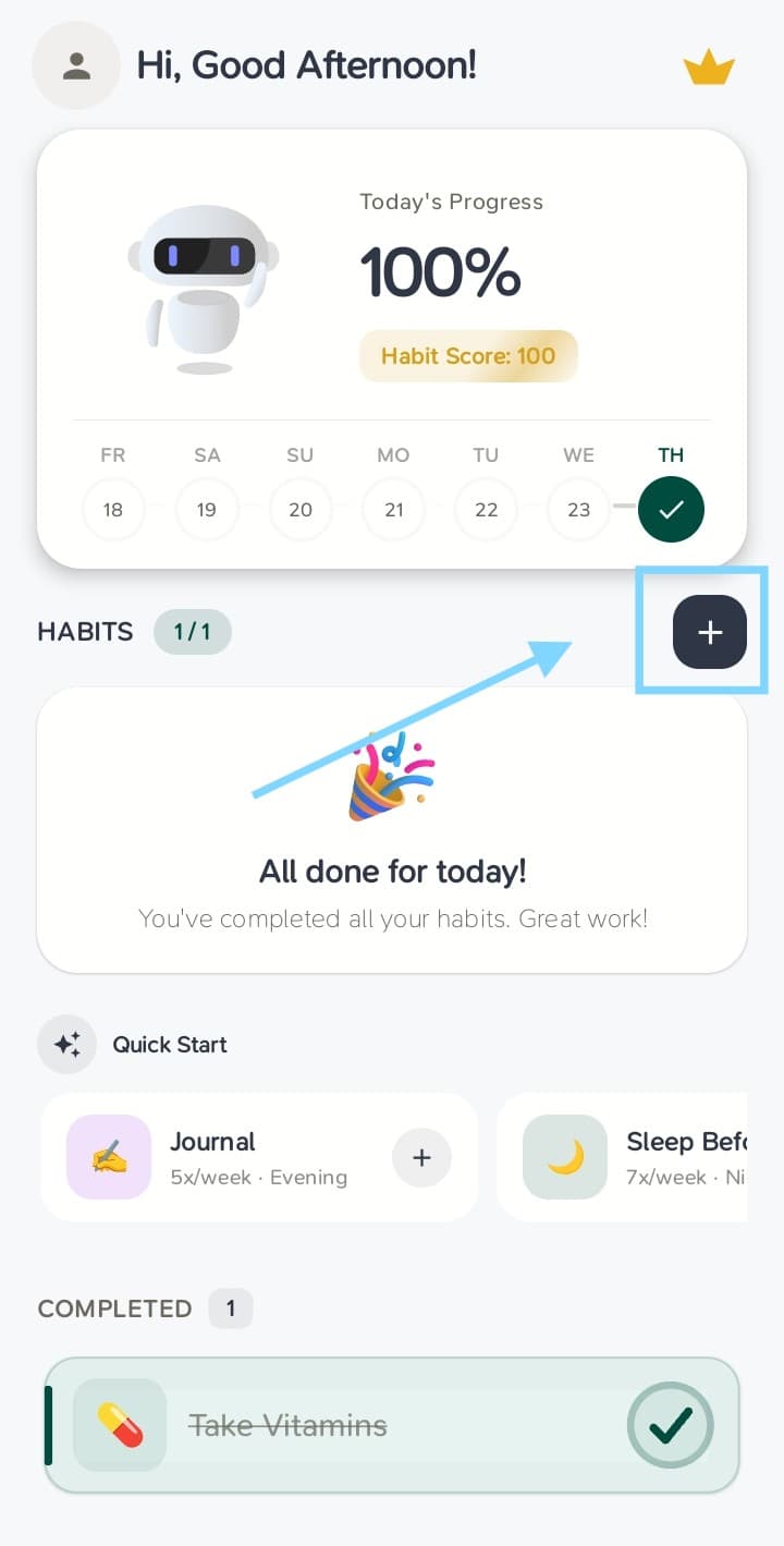 Habit First Habits screen with the add button near the Habits heading