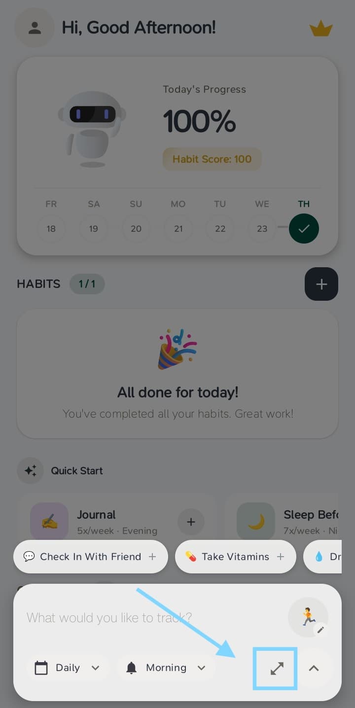 Habit First quick habit creator with the expand button highlighted