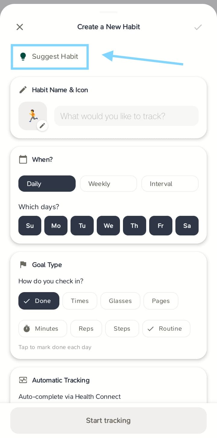 Create a New Habit screen showing the Suggest Habit button
