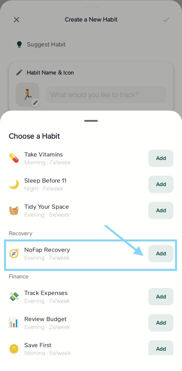 Suggested habits list showing NoFap Recovery in the Recovery section