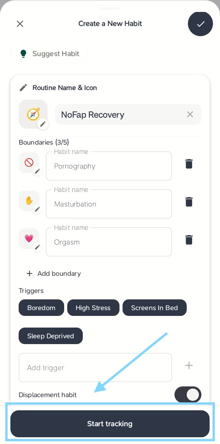 NoFap Recovery setup screen with boundaries, triggers, and displacement habit