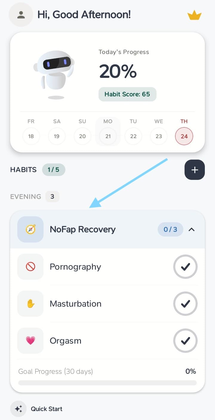 NoFap Recovery routine card on the Habits screen
